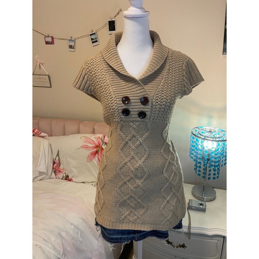 y2k tan cable knit short sleeve sweater top